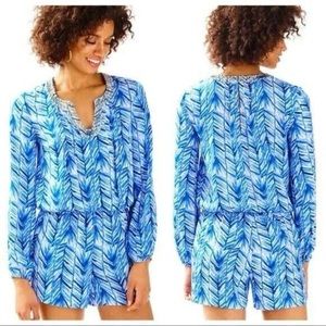 Lilly Pulitzer Colby Romper Feather Blue Long Sleeve Gold Beaded size XL